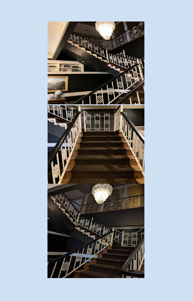 stairs This is 3 different pictures of the stairs at the Library Restaurant. Taken from 3 differet angles. You can see the guard rails on either side. You can clearly see the first landing. The second landing is where the stairs turn and go up left. There are restrooms upstairs. You will only need to use these stairs at the beginning and at the end of the show.